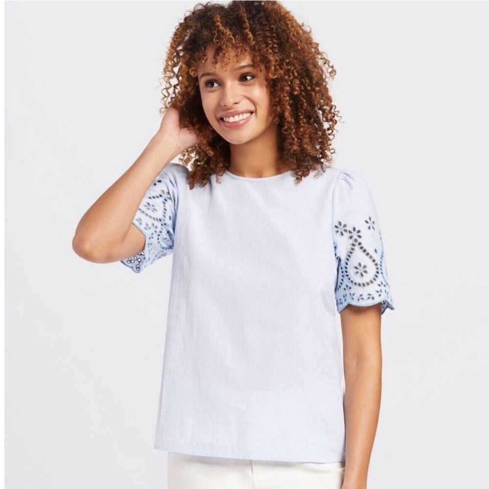 Draper James | blue striped eyelet sleeves top